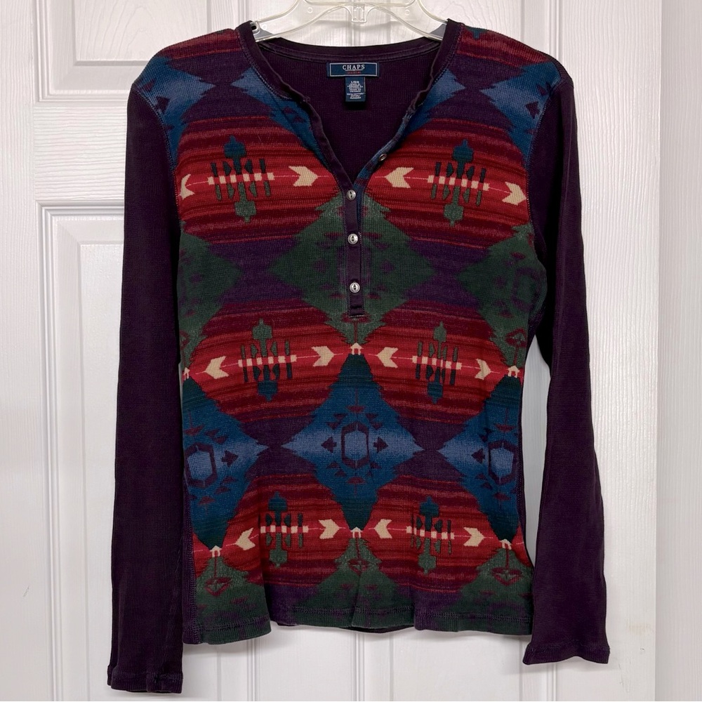 Chaps Waffle Knit Southwestern Top Sz L